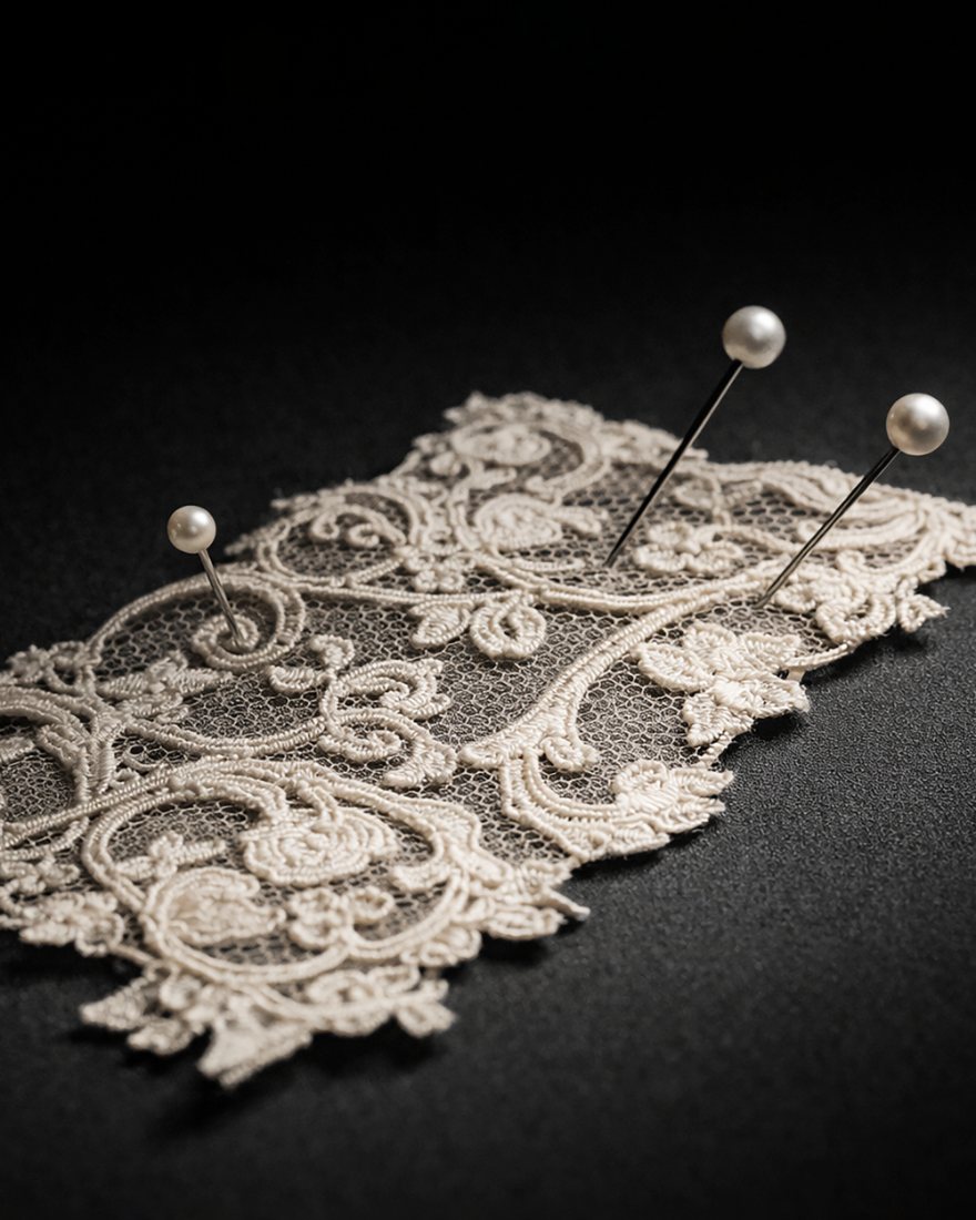 Ivory lace appliqué pinned with pearl pins on a dark surface